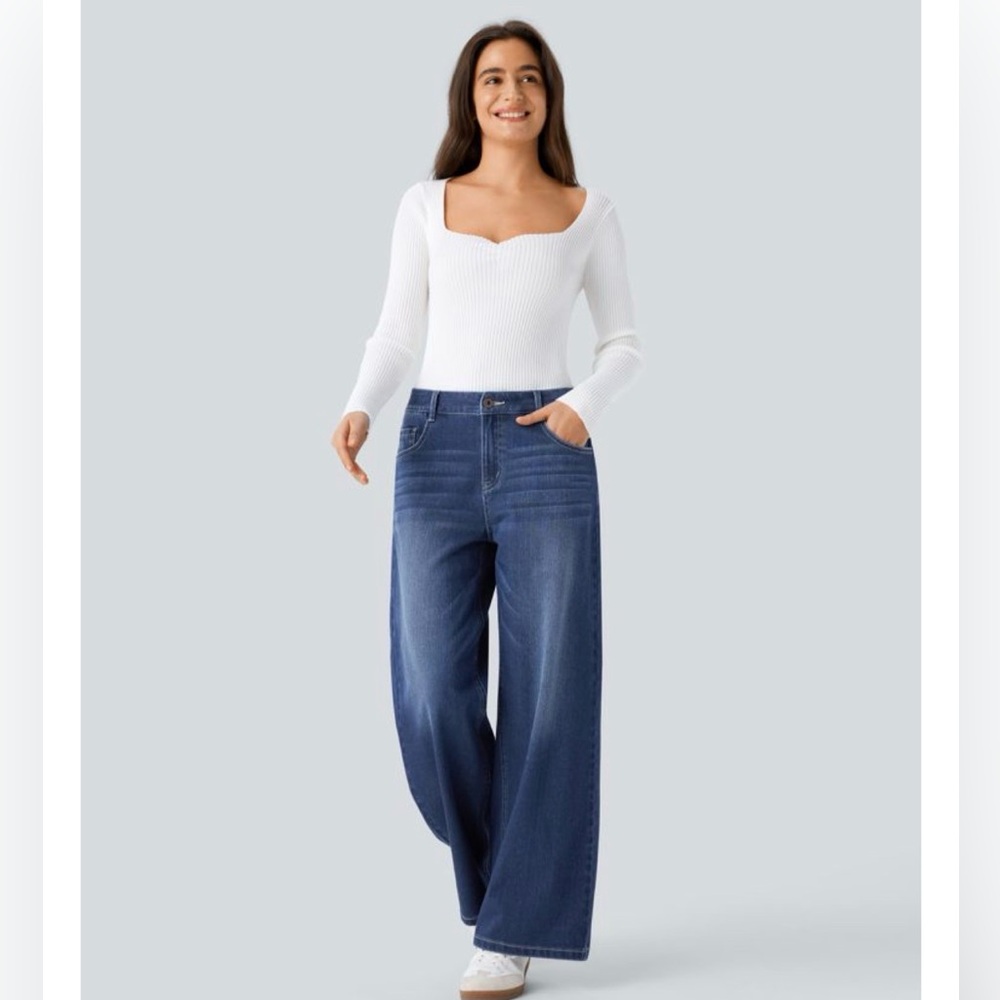 Halara Flex™ Low Rise Zipper Pockets Washed Baggy Wide Leg Casual Jeans